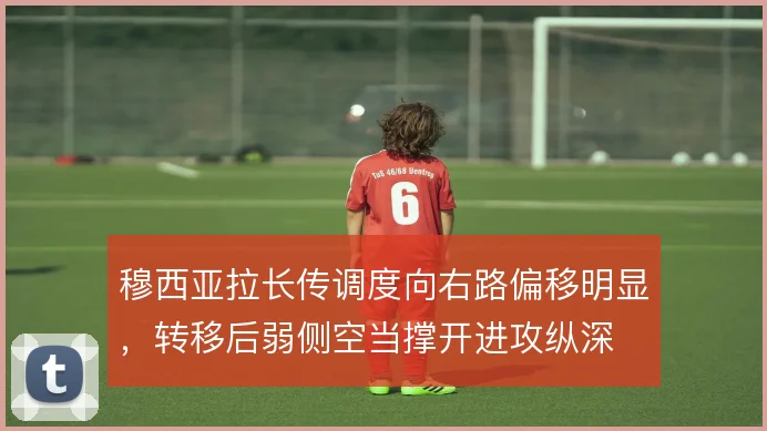 穆西亚拉长传调度向右路偏移明显，转移后弱侧空当撑开进攻纵深
